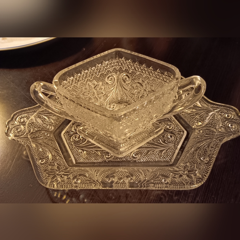 CUT GLASS SANDWICH PLATE AND SUGAR BOWL